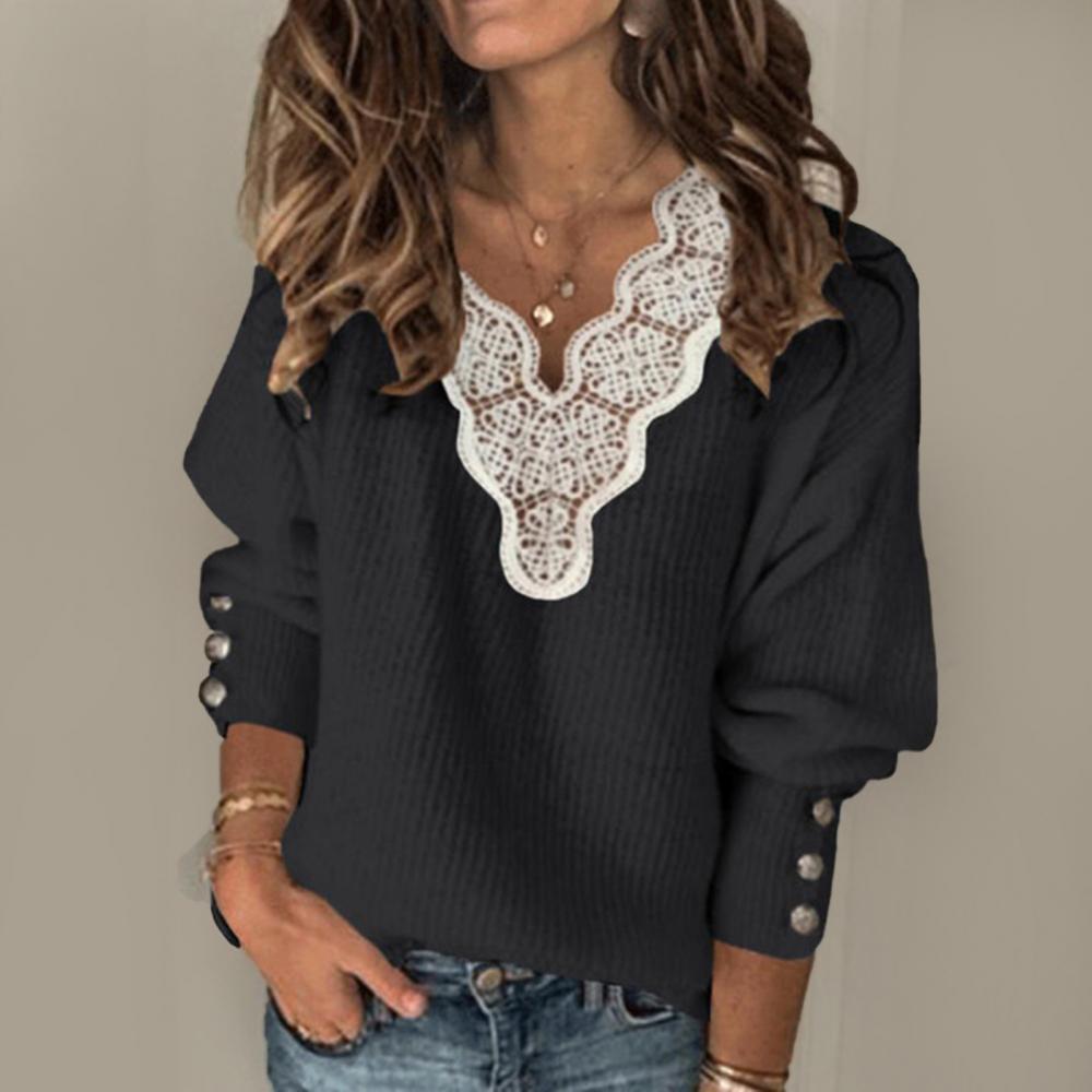 Women Autumn Winter T Shirts Long Sleeve Sexy Lace Patchwork V Neck Buttons Sweater Jumper  Mesh Design Fashion Hollow Out Tops