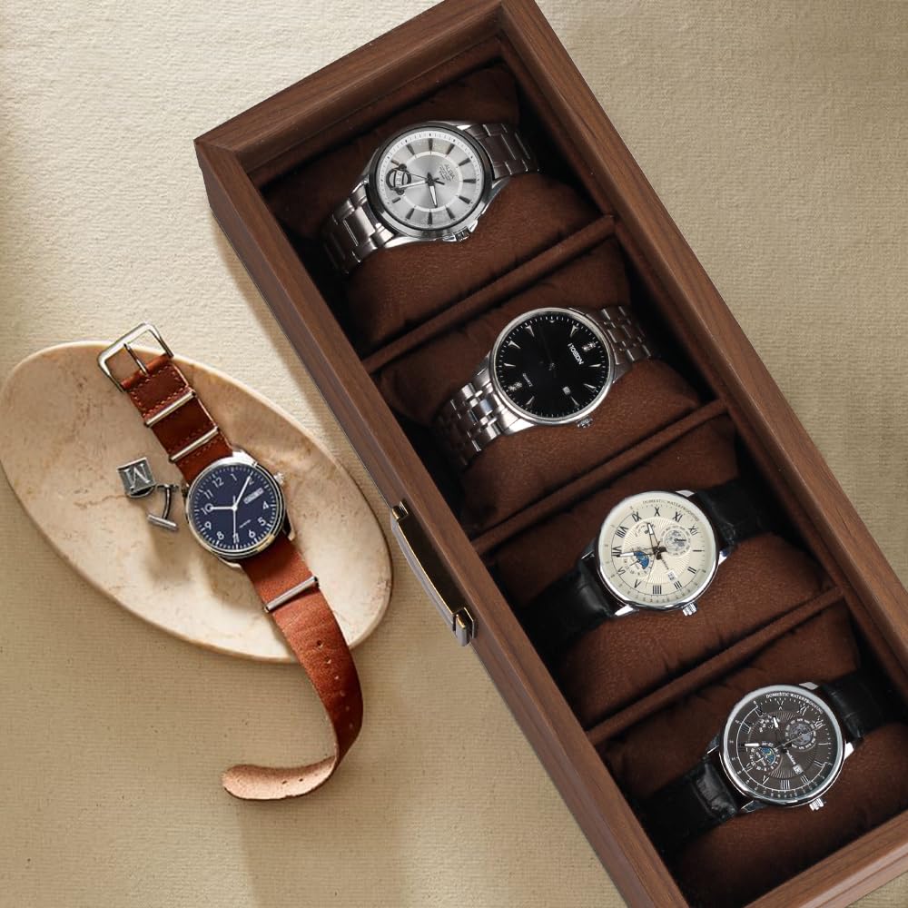 Baskiss Luxury Wooden Watch Holds 4 Large Fits Large Perfect for Watch Watch or Watch Display Case, Watches, Compartments, Dials, Collections, Box,