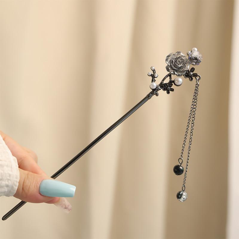 

Элегантная заколка для волос в виде цветка из чернил для женщин, винтажная роза, жемчужная кисточка, палочка для волос, изысканные металлические украшения, аксессуары для волос, заколки для волос