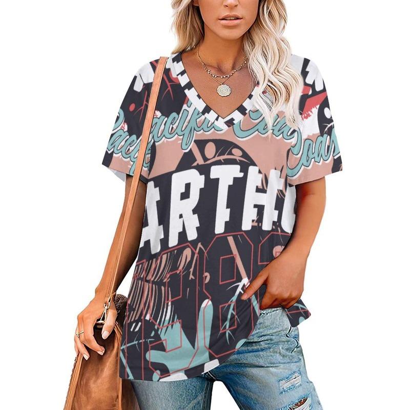 Sommermode 3D Floral bedruckte T-Shirts Damenbekleidung T-Shirt Tops Damen Casual Kurzarm V-Ausschnitt Tops Lockere Bluse