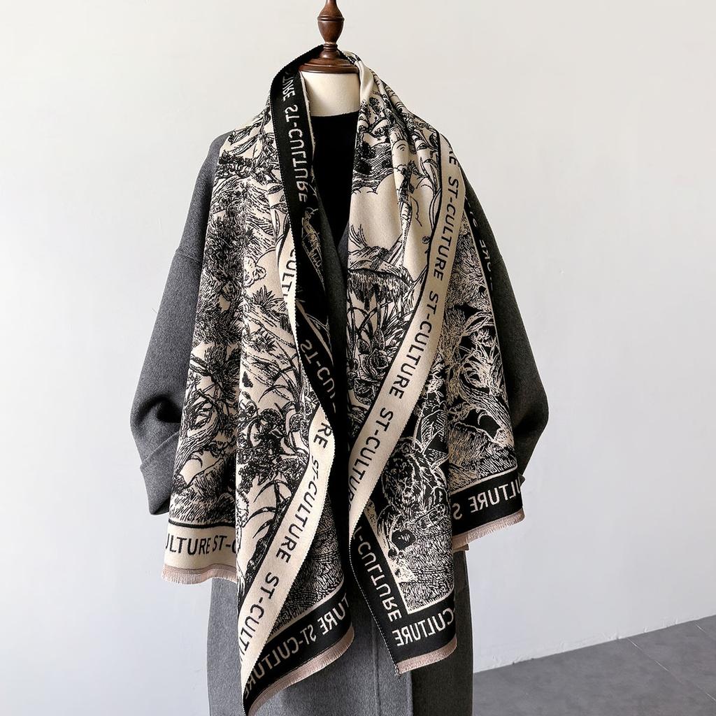 Autumn Winter Women Imitation Cashmere Scarf Korean Vintage Printed Letters Luxury Warm Thickened Neck Scarves Bandana Pashmina