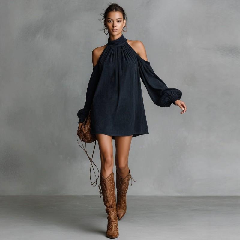 2026 Womens Loose Suede Halter Mini Dress Lantern Sleeve Sweet Party