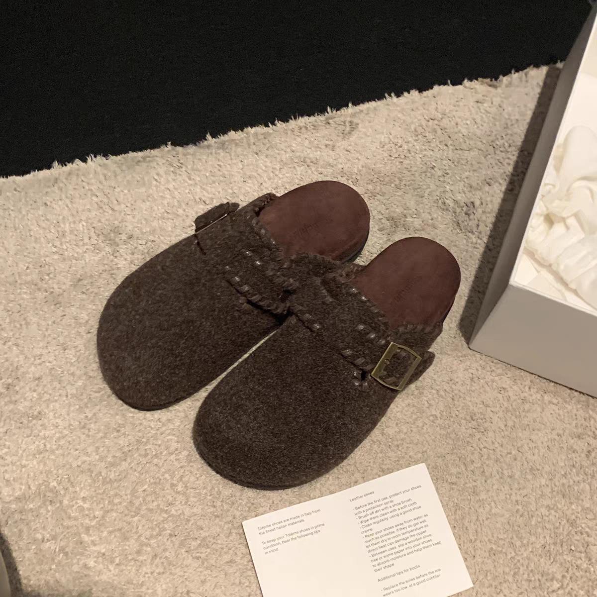 

Soft wool~ leather thick-soled half-slippers women s new autumn and winter outer wear velvet one-pedal bag head Mao Mao Boken shoes 40 кавовий