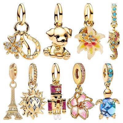 DIY Sparkling Golden Jewelry Gifts Original Lucky Clover Labrador Puppy Dog Sea Turtle Seahorse Charm Beads Fit Snake Bracelets