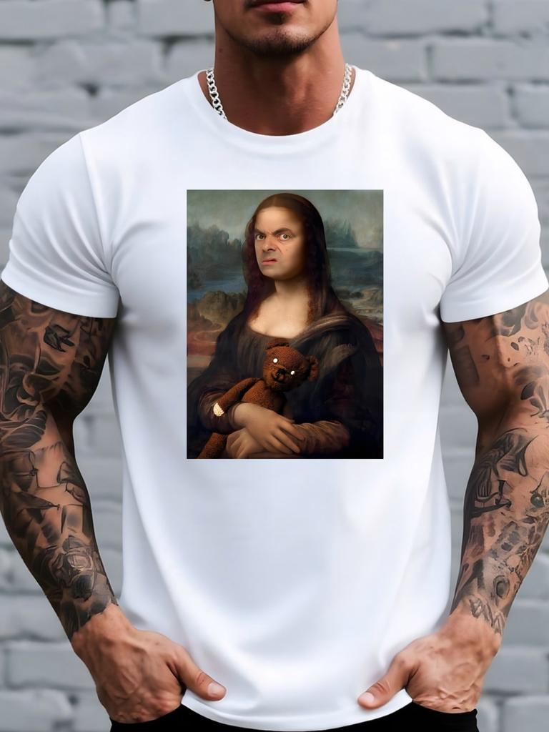 Divertente Parodia della Gioconda Mr Bean Orsacchiotto T-shirt Grafica Unisex in Cotone a Maniche Corte Casual Street T-shirt Per Adulto Uomo Amanti dell'Umorismo
