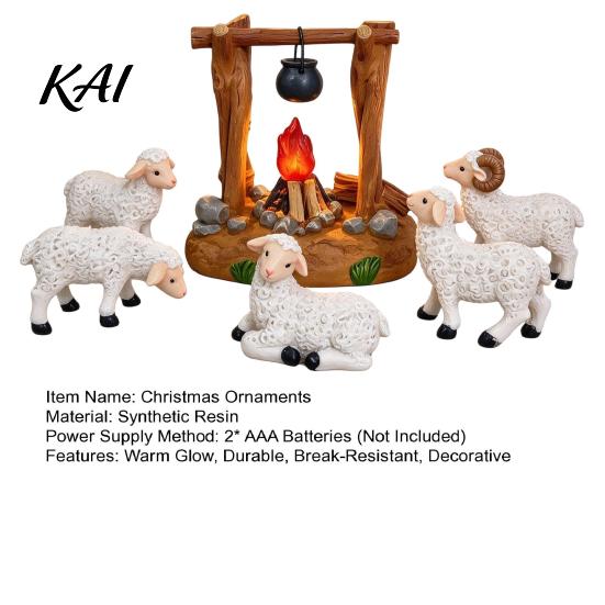 Holiday Tabletop Display Christmas Nativity Scene Set with LED Lighted Campfire, Resin Manger Stable Figurine, Miniature Wooden Look Hut & Sheep