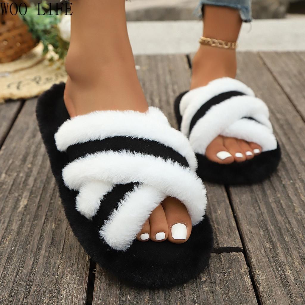 Women Cross Strap Fluffy Slippers Patchwork Platform House Shoes Non-Slip Comfortable Indoor Outdoor