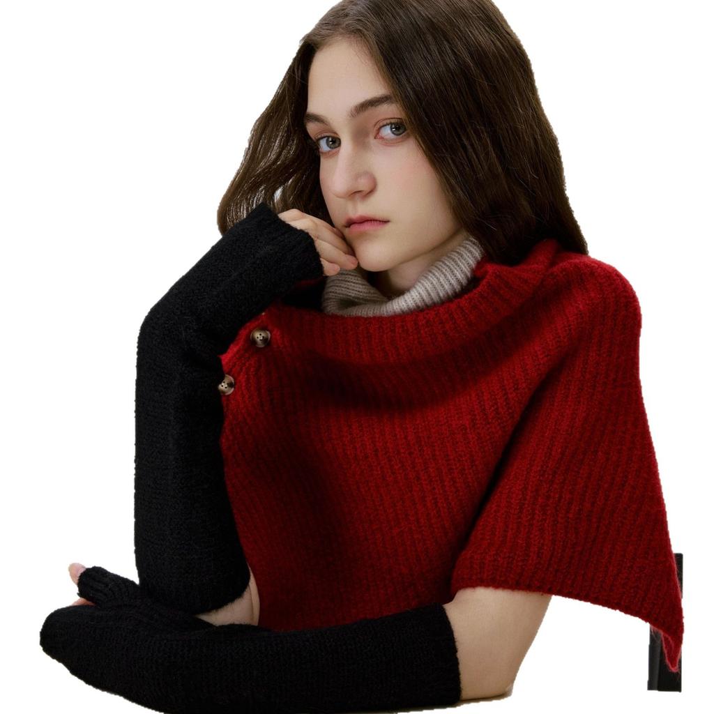 Women's Solid Color Knit Button Shawl Soft Warm Cape Coat with Slit Design Versatile Scarf for Fall Winter
