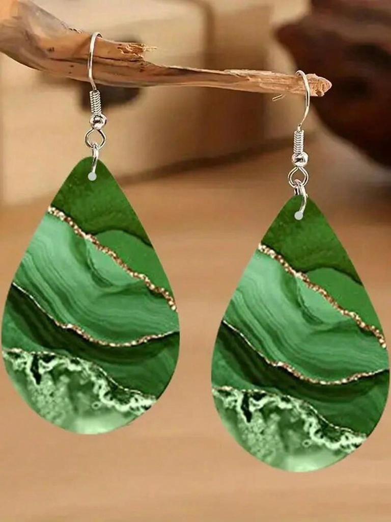 1pair Double-sided Printed Wooden Droplet Shaped Ear Drop Earrings, Suitable For Women's Daily Wear