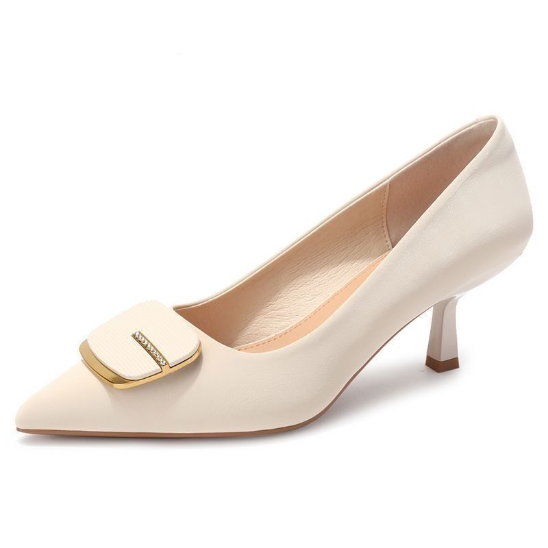 Metal Square Buckle Black High Heels Women's Slim Heels Professional Shoes Pointed Single Shoes