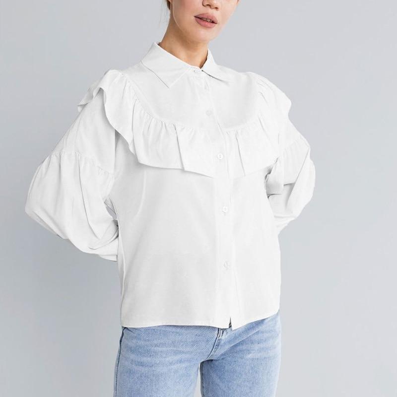 

Элегантные повседневные рубашки с воротником-поло с рюшами, весна-осень 2023, однотонная блузка во французском стиле с длинными рукавами, женские топы 26541 L белый