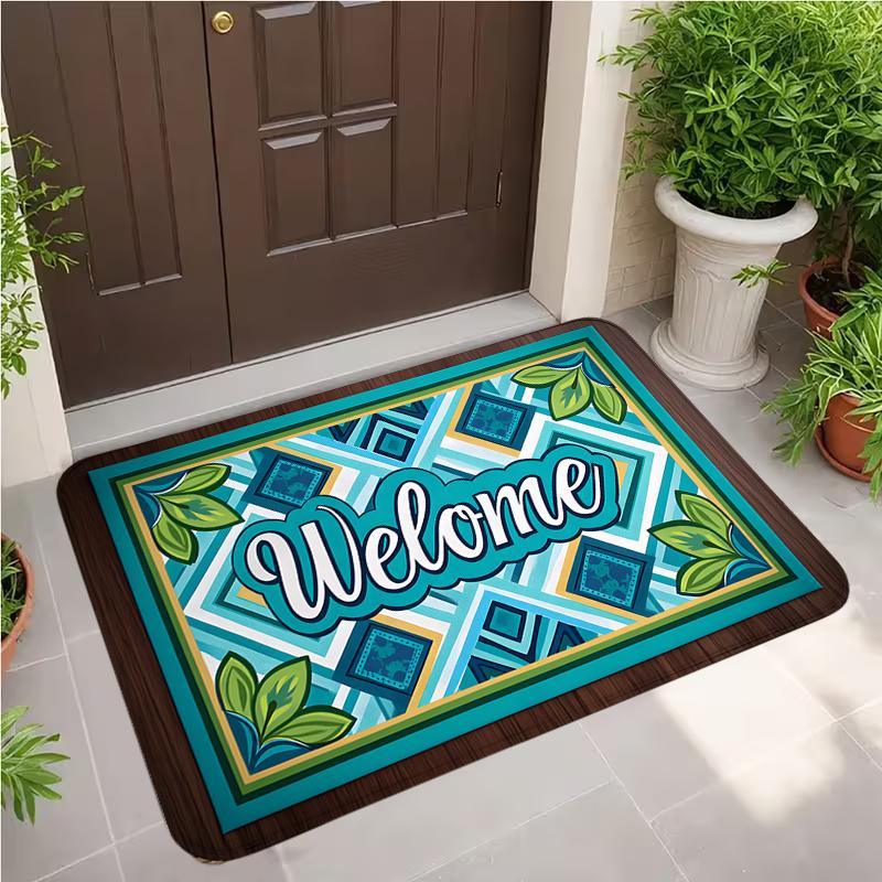 Teal Geometric Welcome Doormat Boho Style Pattern with Leaves Non Slip Floor Mat for Modern Entryway