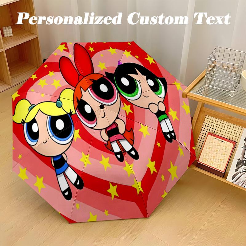 8‑Rib Automatic Umbrella, The Powerpuff Girls Design Foldable Umbrella for Sun Rain Protection Travel