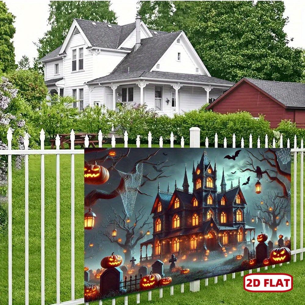 Single Piece Background Banner - Gothic Castle Mansion with Glowing Jack-o-lanterns, Halloween Party Decorations