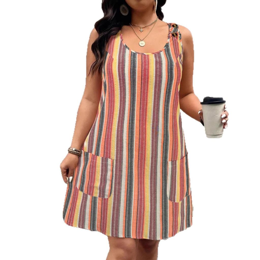 2026 Summer Fashion: Striped Sleeveless Dress with Button Pockets, Women's Casual European & American Style.