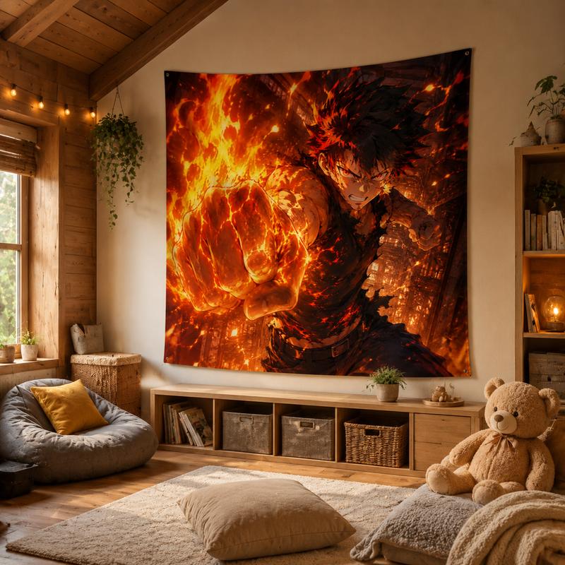 VIKAMA Flame Fist Youth Anime Tapestry Hot Blood Anime Wind Flame Ability Printed Hanging Cloth Room Decoration