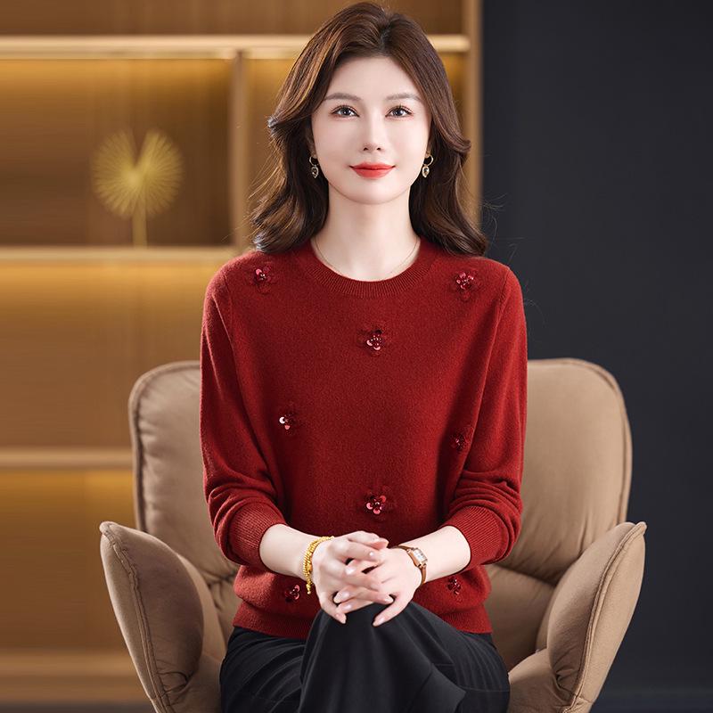 100% Pure Wool Women's Embroidered Round Neck Knitted Sweater - Autumn/Winter Fashion, Loose Fit, Plus Size