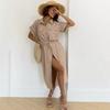 Women's Turn Down Collar Short Sleeve Midi Dress Loose Mid Waist Elegant Solid Polyester Rayon Nylon Shirt Dress With Pocket Drawstring