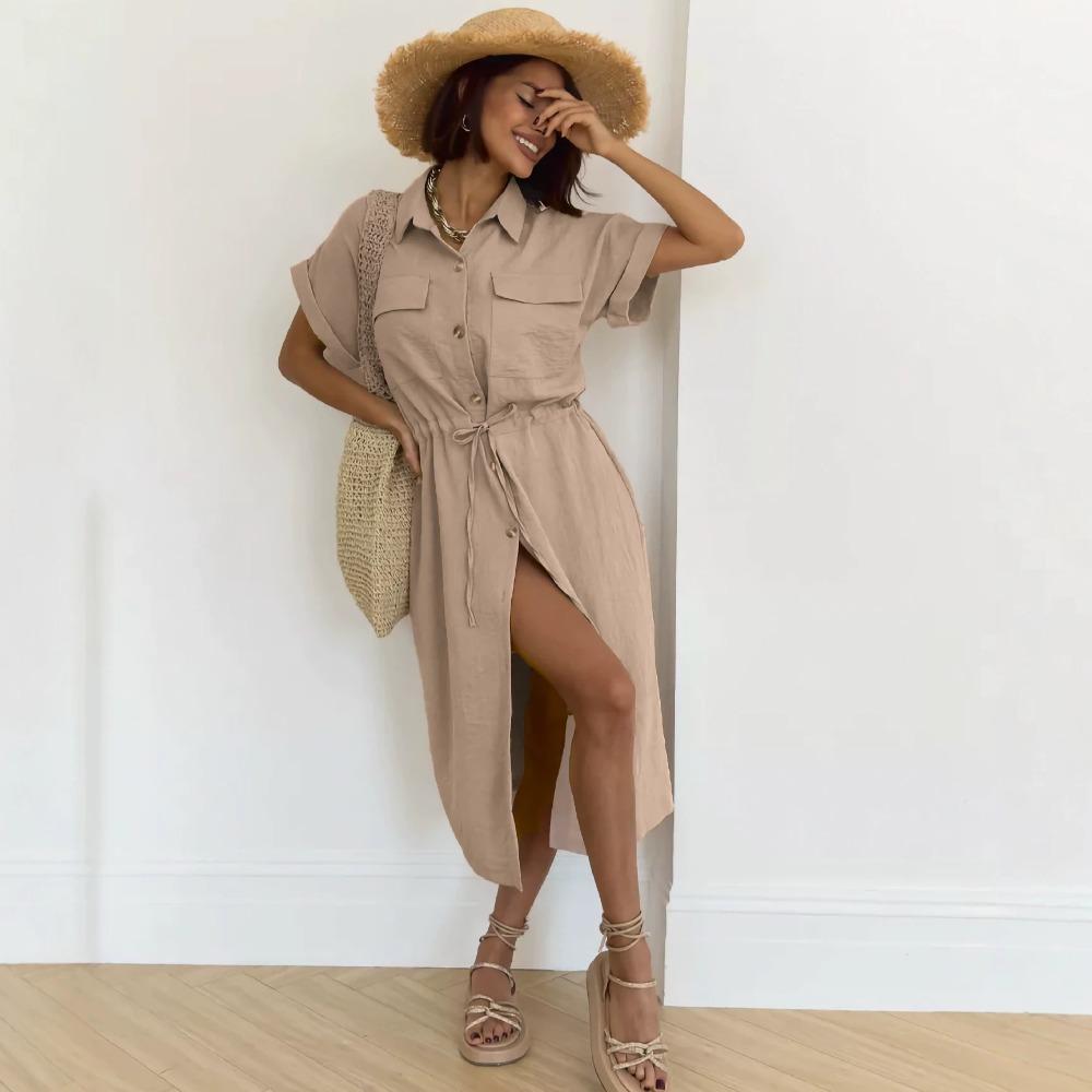 Women's Turn Down Collar Short Sleeve Midi Dress Loose Mid Waist Elegant Solid Polyester Rayon Nylon Shirt Dress With Pocket Drawstring
