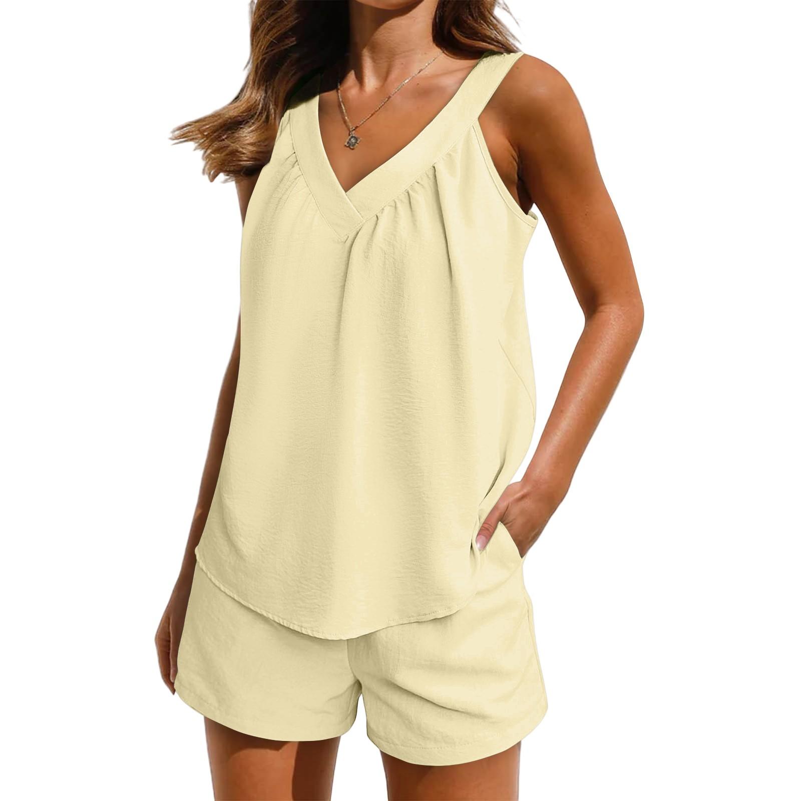

Женский однотонный свободный свитер с V-образным вырезом, без рукавов, повседневный топ с карманами, эластичный пояс, шорты, комплект L