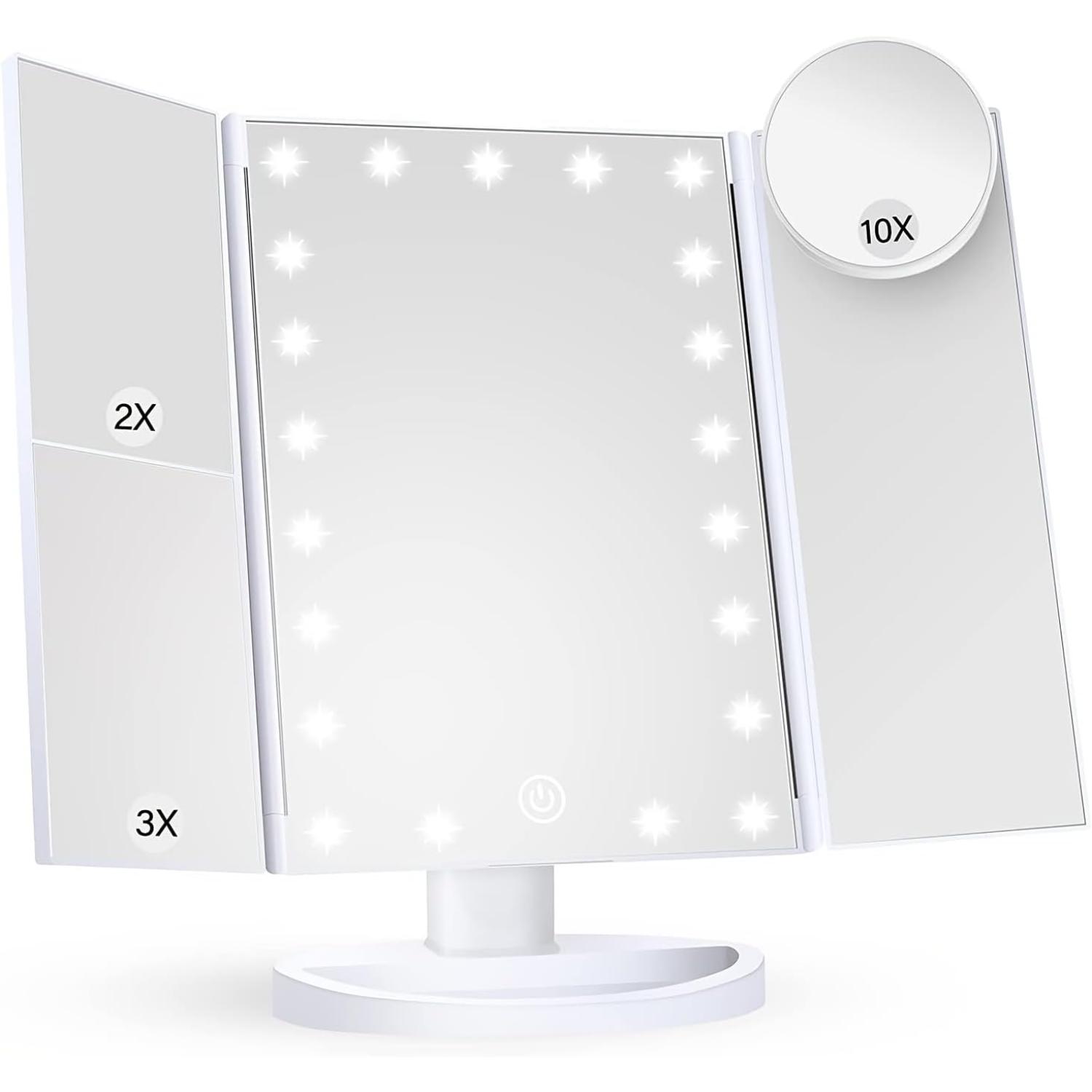 

Makeup Vanity Mirror with LED Lights, 3 Level Magnification, Touch Control, Portable Folding Design, Battery & USB Powered (Rose білий