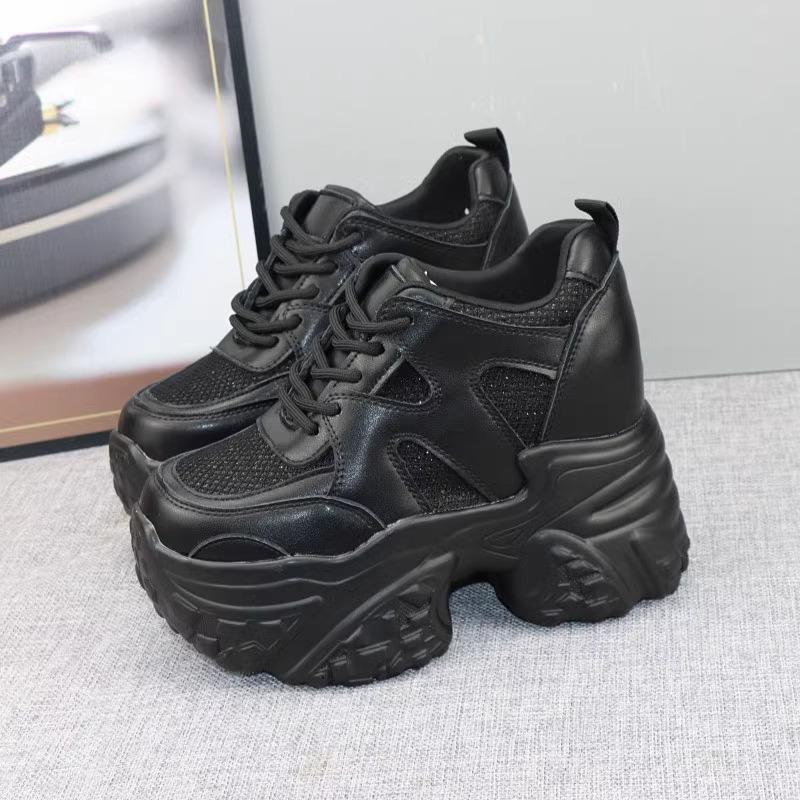 

Платформенные кроссовки папа женские 2025 весна новые модные со стразами увеличение внутренней высоты женская обувь универсальная спортивная и повседневная обувь 34 чёрный