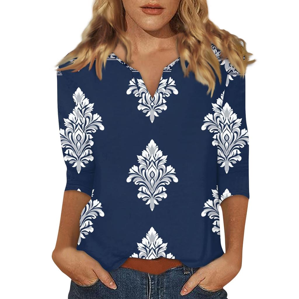 Women's Stand Collar 3/4 Sleeve Printed Top T-shirt