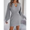Women's Cable Knit Sweater Dress with Lace Detail & Puff Sleeves Fitted Bodycon Solid Color