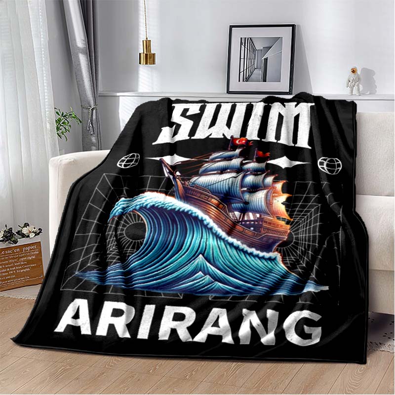 Blue Water Splash Print Flannel Blanket, K-pop Style Throw Blanket with SWIM Text 80cm x 120cm