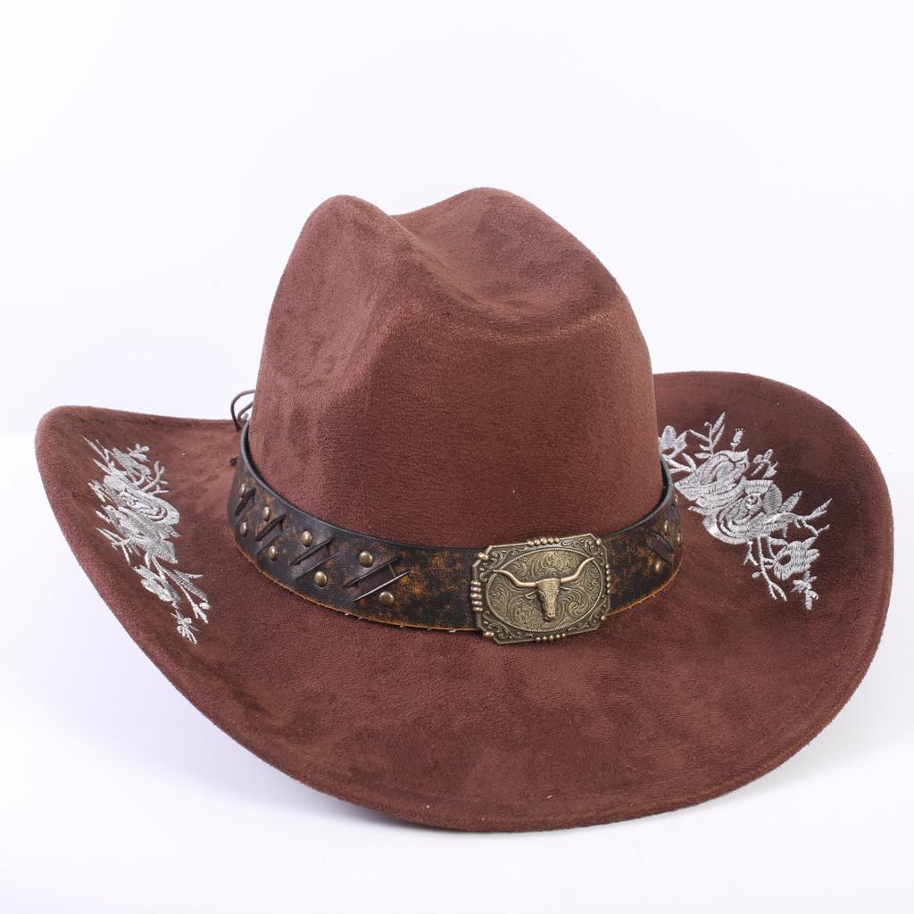 Popular European and American Classic Suede Western Cowboy Hat Men's and Women's Big Brim Embroidered Outdoor Sun Hat