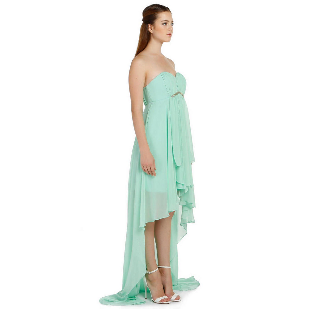 Fierte Women's Evening Dress Azr4489 Strapless Stone Detail Chiffon Skirt Salmon Yellow Green Blue Red