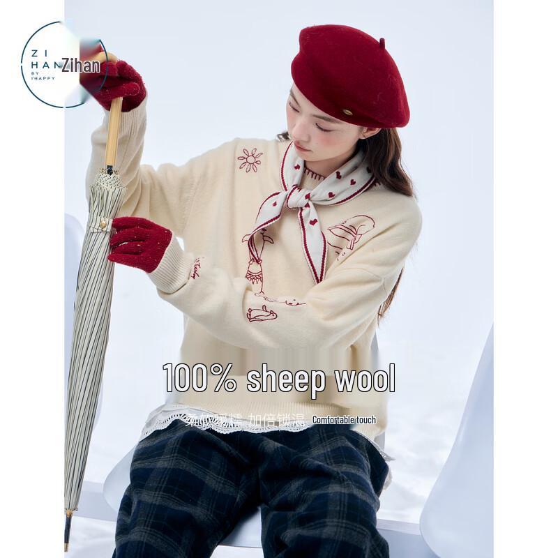 ZIHAN Women s 100% Merino Wool Cartoon Embroidered Pullover Sweater M
