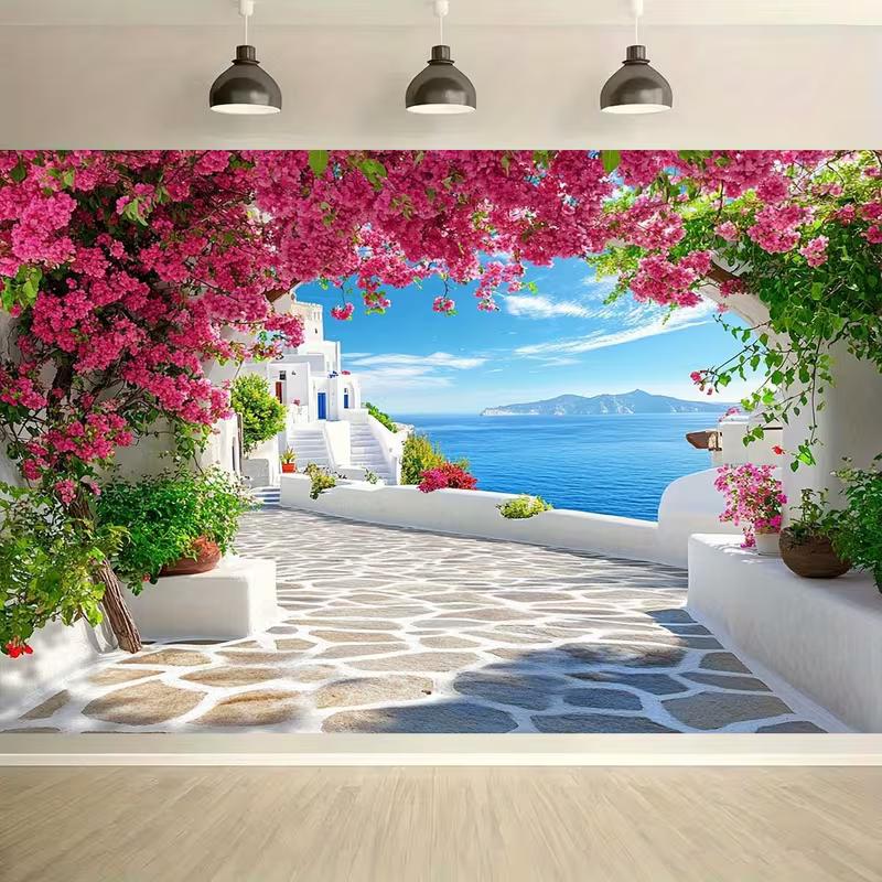 

Летний греческий остров Фон Мощеная дорожка Бугенвиллия Синее море Фон для фотосъемки 47.2x31.5inch/120*80cm
