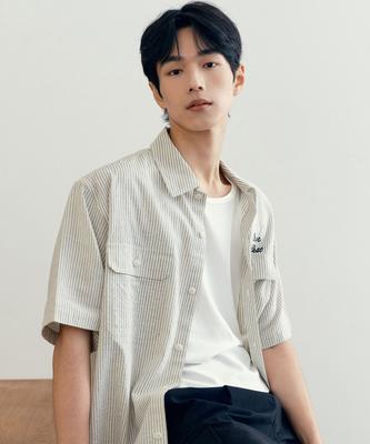 MINDBRIDGE [Uns] Embroidered Stripe Oversized Ivory Short Sleeve Shirt