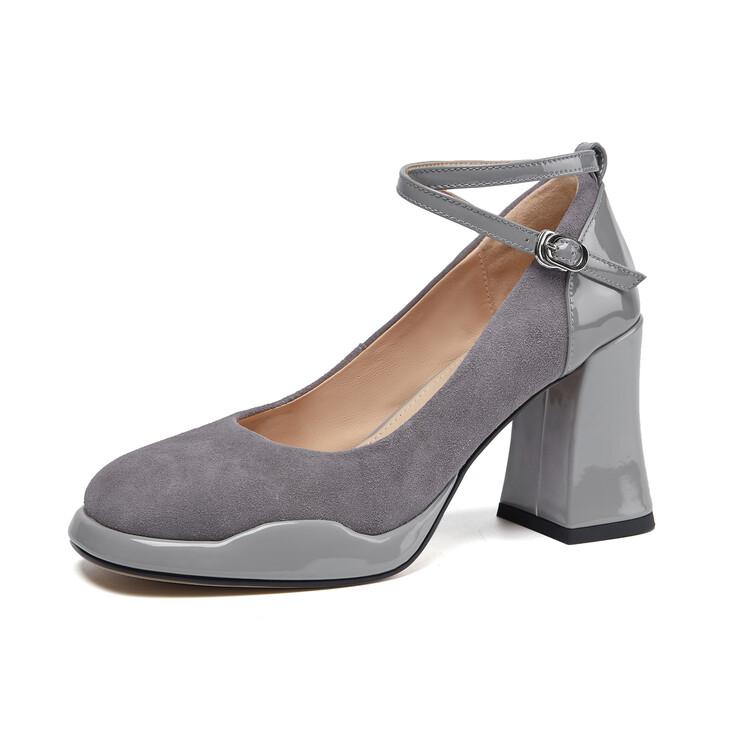 

Fashion Spring Women s Pumps Sheep Suede Leather Shoes for Women Round Toe Chunky Heel Shoes Super High Heel Mary Janes Platform Shoes 34 серый