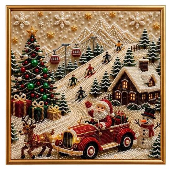 Sparkling 3D Painting Canvas DIY Christmas Faux Pearl Art Kit with Frame, Santa Winter Holiday Theme Craft Supplies Beads for Adults Beginner,