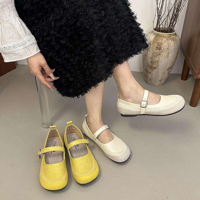 French Retro Mary Jane Shoes Women's 2025 Spring and Summer New Versatile Single Shoes Light Mouth Yellow Small Leather Shoes Doudou Shoes