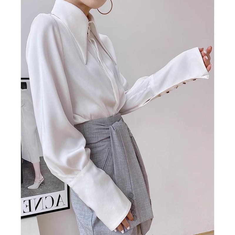 Elegante Langarm-Satinbluse im französischen Design - Schickes Damen-Frühlings-/Herbstoberteil