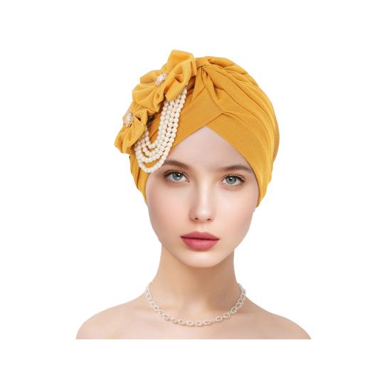 Women Headscarf Hat Imitation Pearls Flower Decor Turban Hat Solid Color Stretchable Fit Headband Sleep Hat