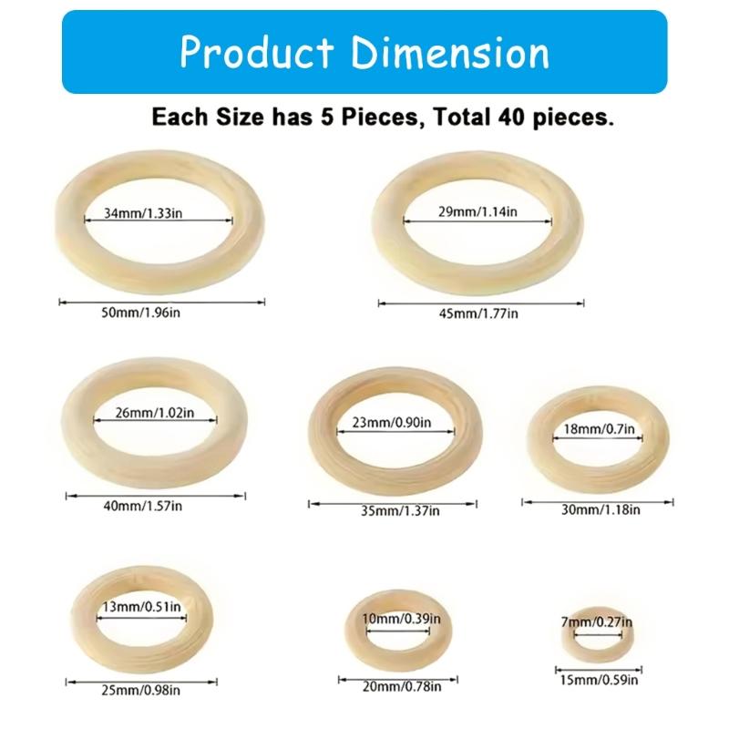 40Pcs Natural Wood Rings for Craft, Pendant Connectors Wood Rings Circles for Craft, Jewelry Making, 8 Size 15-50mm