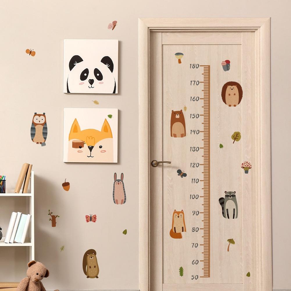 Fun Cartoon Animal Wall Stickers with Height Scale for Children's Room Decoration PVC Removable Decals 60x30cm Set of 2