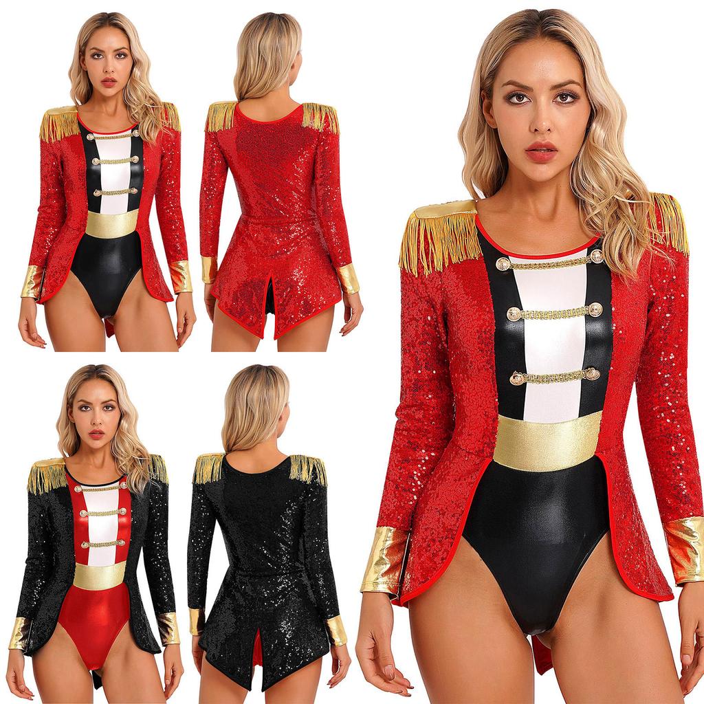 Womens Circus Ringmaster Cosplay Bodysuit Long Sleeve Allover Sequin Tail Jumpsuit Halloween Festival Costumes