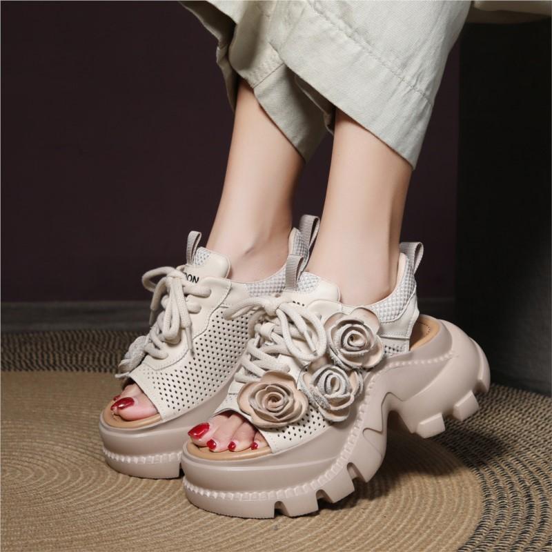 Johnature Thick Soled Wedges Shoes Hollow Out Breathable Peep Toe Sandals Genuine Leather Flower Women's Shoes