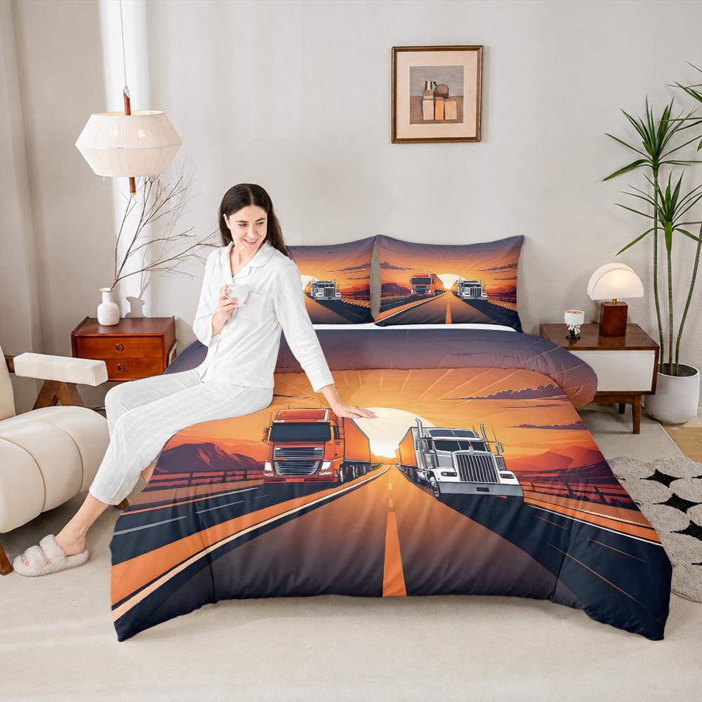 Semi Trucks Highway Sunset 3 Piece Bedding Set, Big Rig Road Duvet Cover Set for Men Boys Bedroom Decor Gift