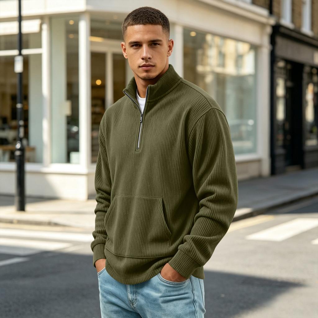 Men's Vintage Corduroy Long Sleeve Zip Up Shirt Stand Collar Casual Top