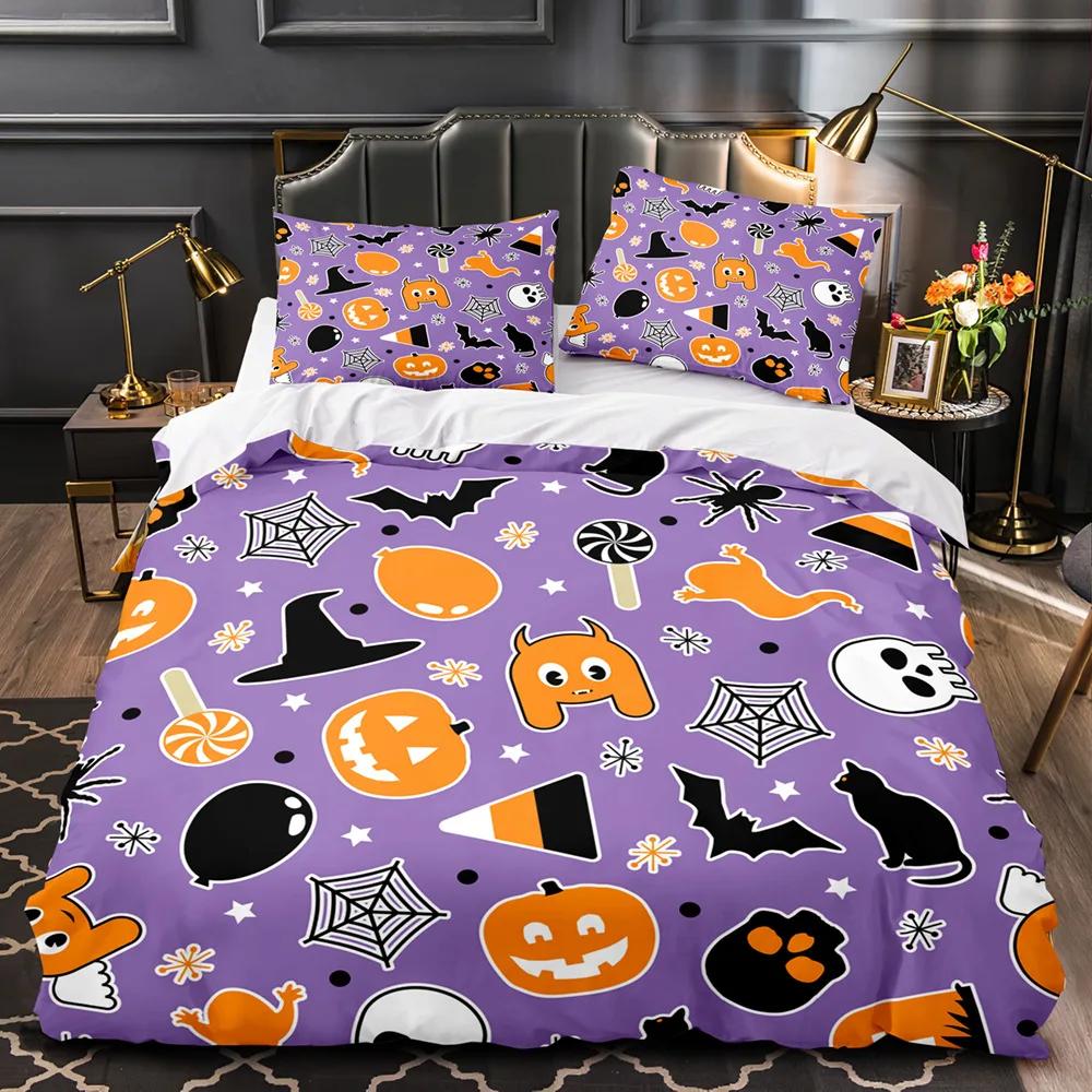 Halloween King Queen Duvet Cover Kawaii Cartoon Skull Bedding Set Kids Boys Orange Pumpkin Skeleton 2/3pcs Polyester Quilt Cover