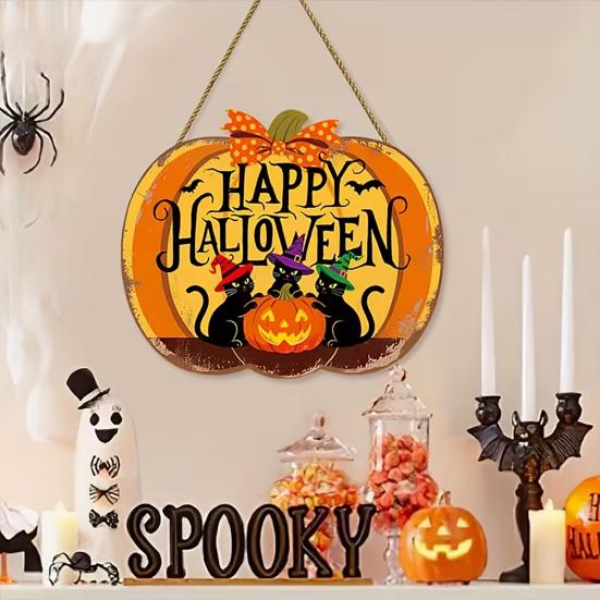 Happy Halloween Door Sign, Spooky Wooden Pumpkin Front Door Hanger for Farmhouse Porch Wall Hanging Decor
