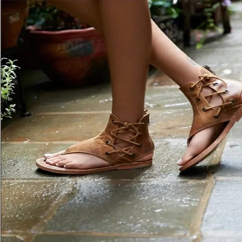 Kvinners Vintage Sandaler Sommer Kvinnesko Gladiatorsandaler Flip-Flops for Kvinner Strandsko Lær Flate Sandalias Mujer