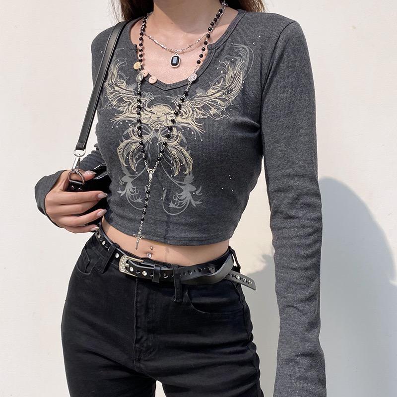 Y2k Fairy Grunge Diamonds Graphic Print Crop Top Autumn Long Sleeve Slim Fit Pullovers Tees Women Vintage White Crop Top Clothes