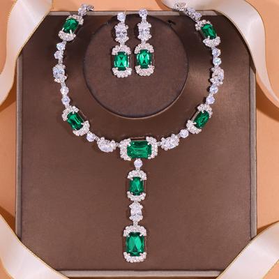 Parure de bijoux africains en cristal vert, forme carrée, pour femme, collier, boucles d'oreilles, zircon, accessoires de mariée